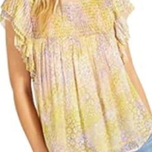 Yellow, purple, white blouse with ruffle shoulders.